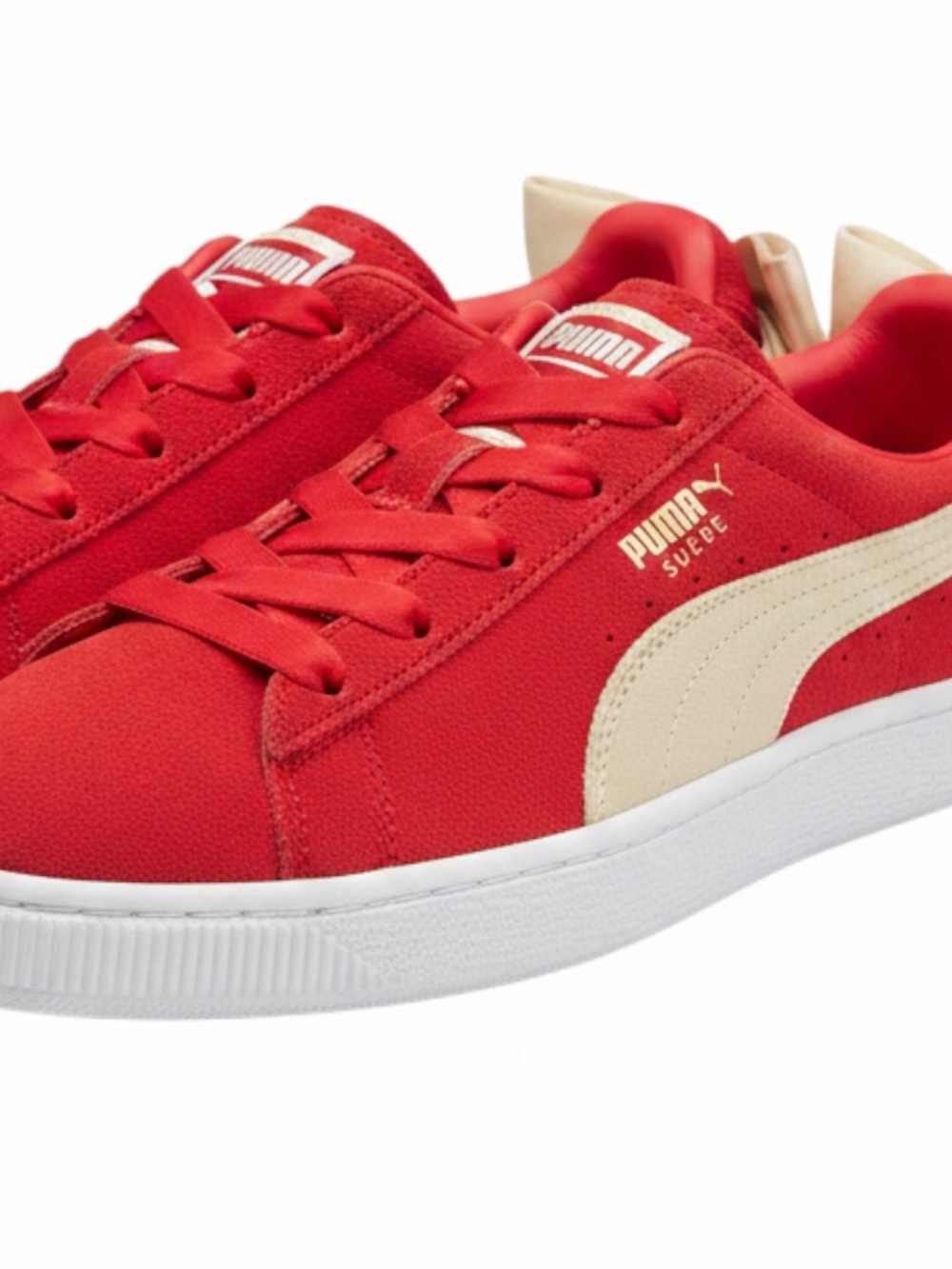 Puma Suede Bow Varsity Red Gold Leather Low Lace Up Womens Trainers Size 8.5
